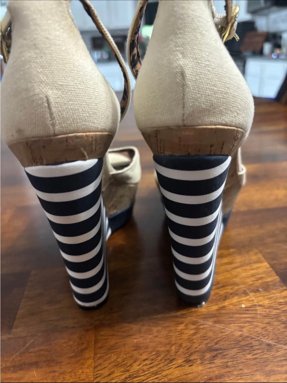 Jessica Simpson Beige Ankle-Strap Wedge Sandals with Leopard Insole